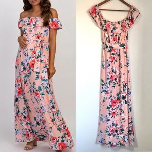 PinkBlush Pink Floral Off Shoulder Ruffle Hem Maternity Maxi Dress